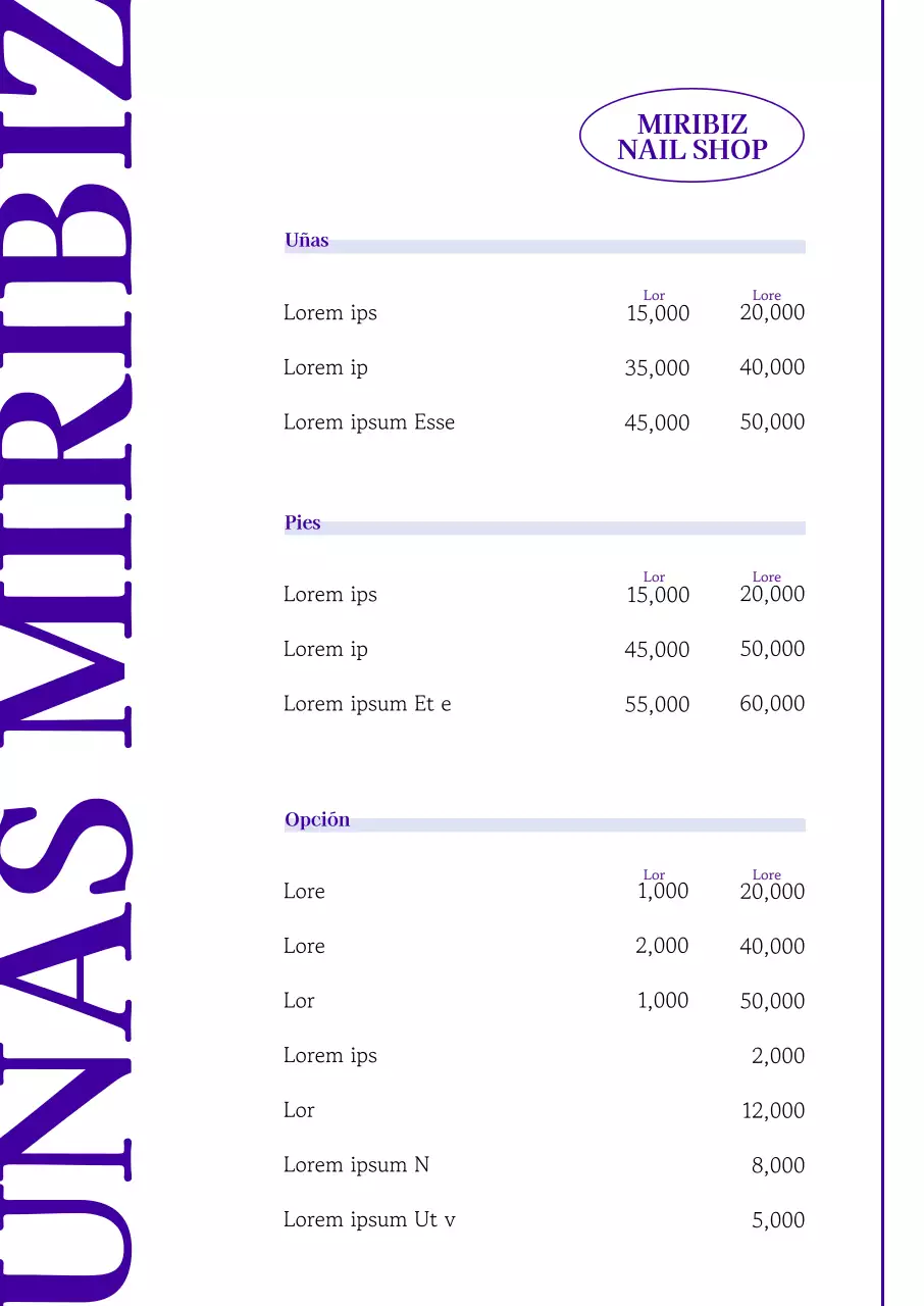 Sencillo tablero de menú de salón de manicura en morado