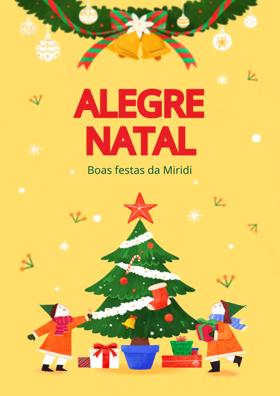 Celebração de Natal com uma criança amarela gira e uma ilustração de uma árvore