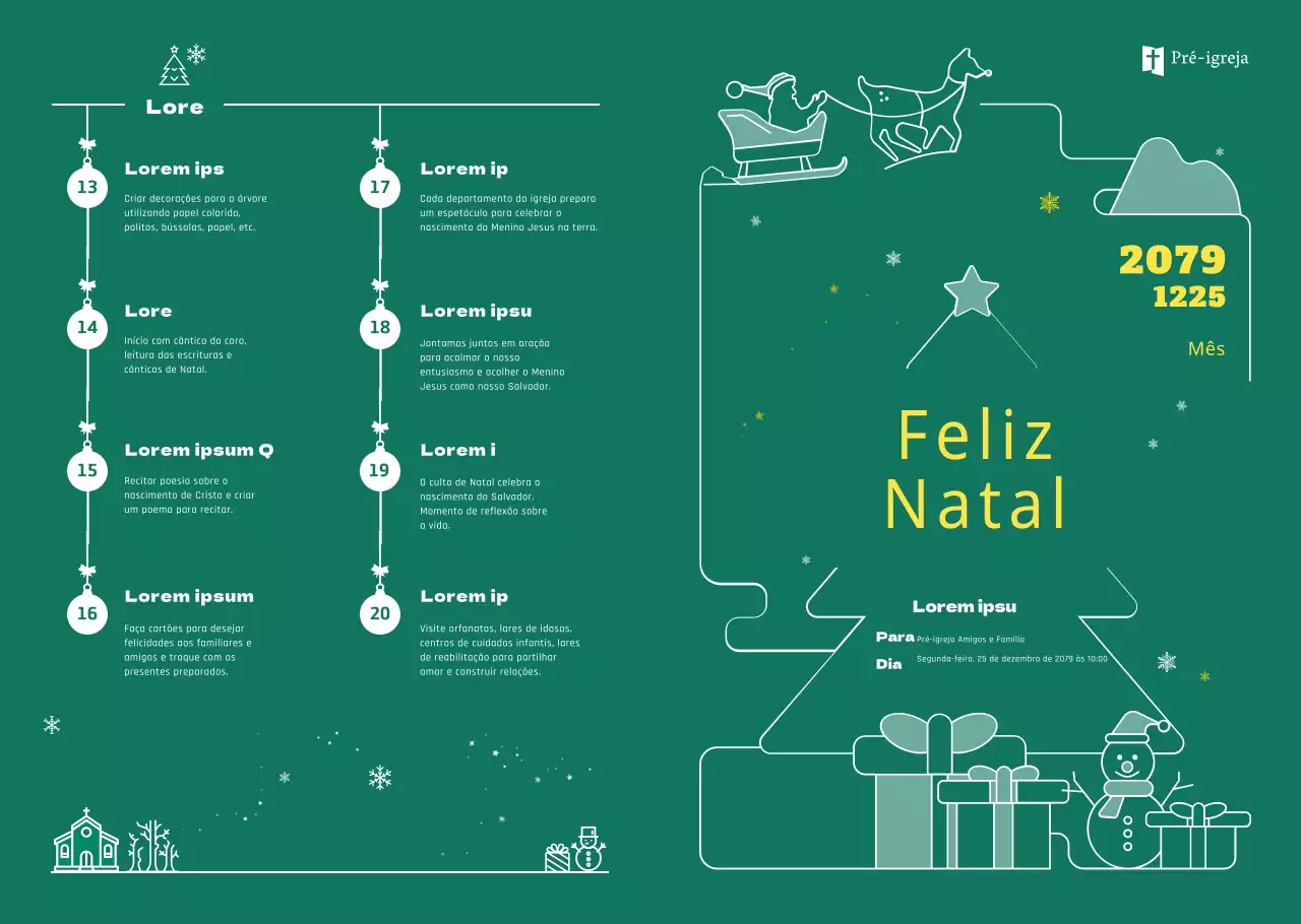 Folheto de cor verde para os eventos de Natal da igreja