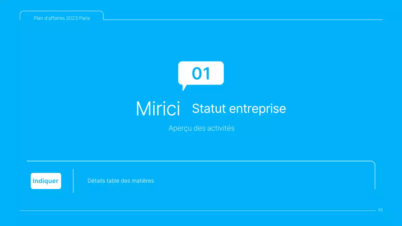 Une présentation de plan d'affaires de contenu culturel propre, en bleu et blanc
