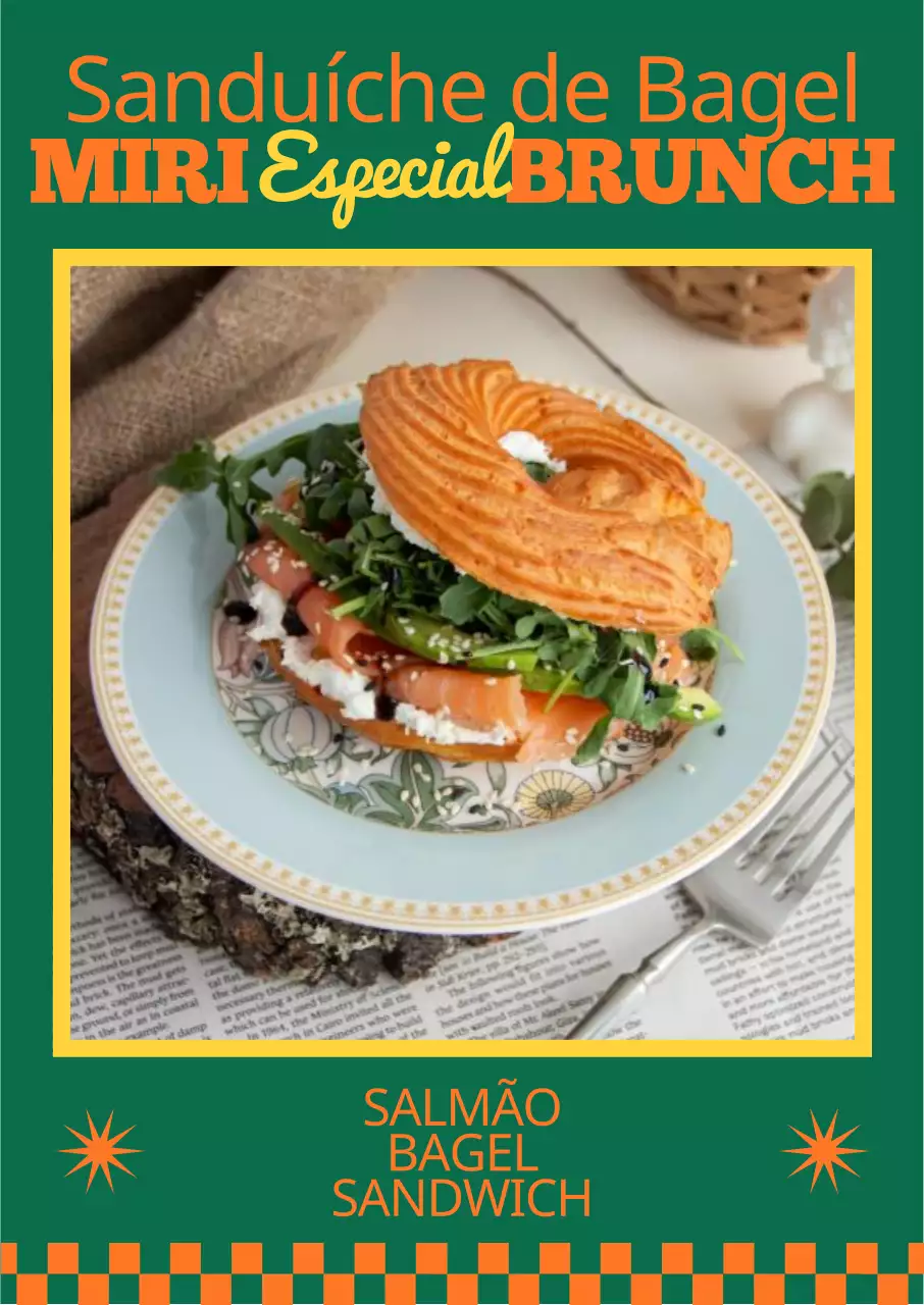 Menu de café de sanduíche de bagel de salmão no Pointul June Brunch com fundo verde fresco e esquema de cores laranja complementar