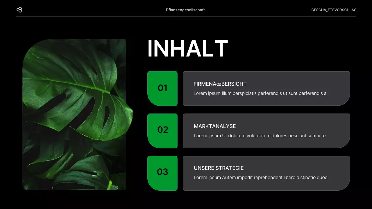 Geschäftsvorschlag für ein Unternehmen mit einem schwarz-grünen natürlichen Blattkonzept