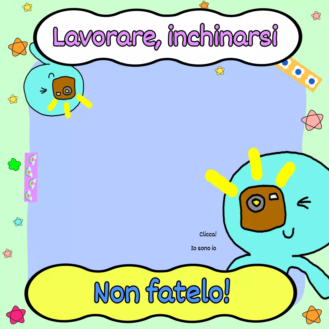 Un divertente scarabocchio con uno sfondo verde chiaro e il personaggio di un polpo azzurro.