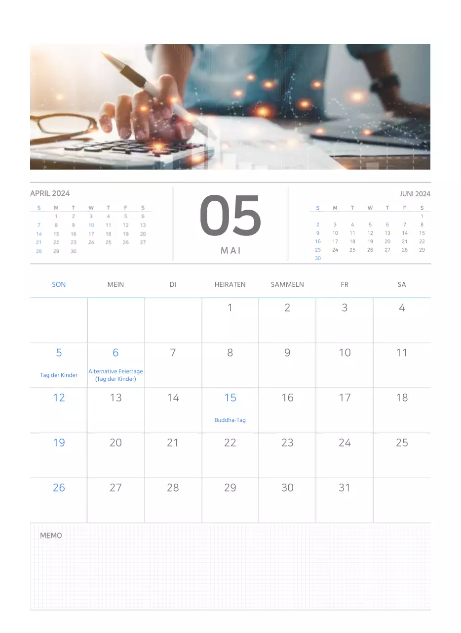 Einfaches Business-Konzept Wandkalender in blau und weiß