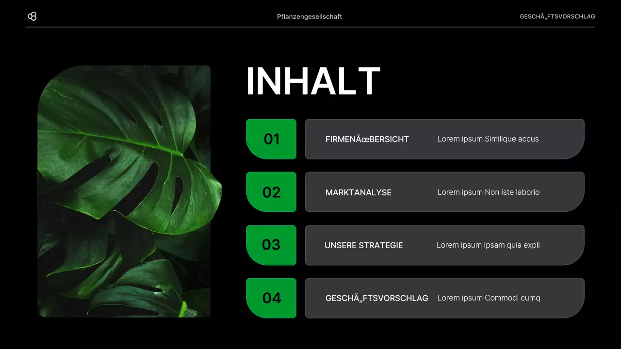 Geschäftsvorschlag für ein Unternehmen mit einem schwarz-grünen natürlichen Blattkonzept