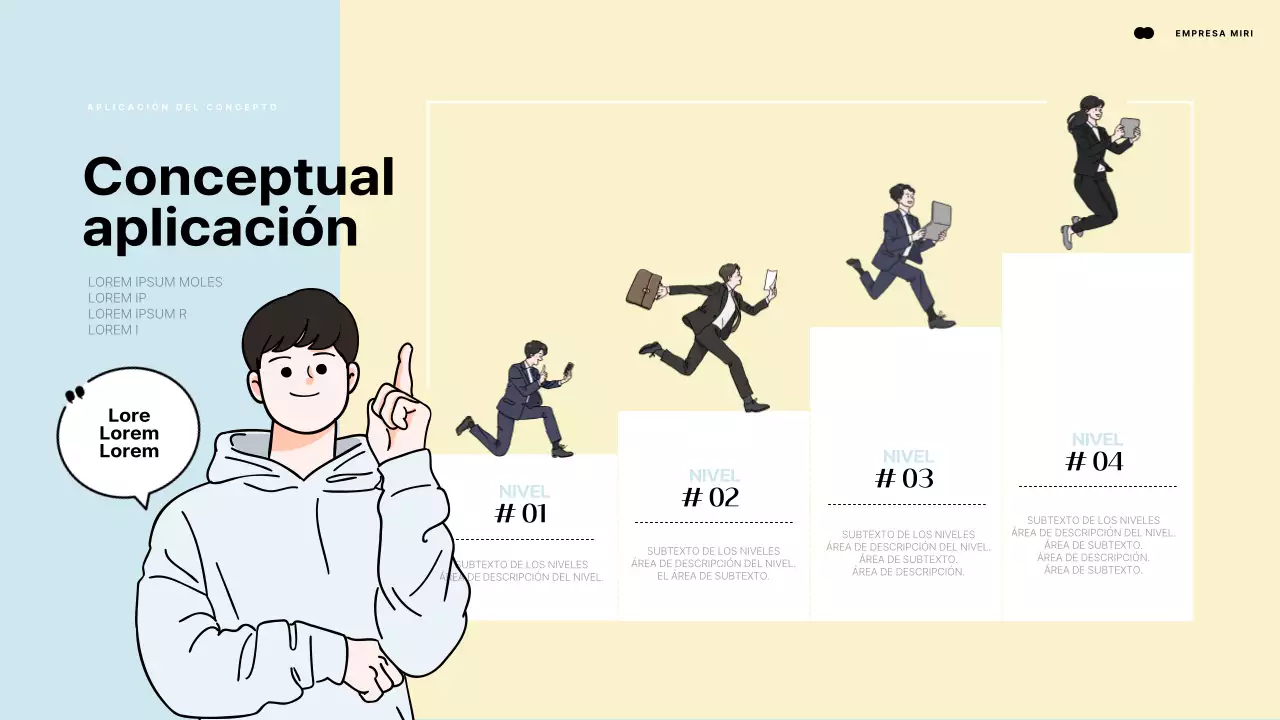 Presentación introductoria mediante un elemento humano que señala un espacio azul claro y amarillo