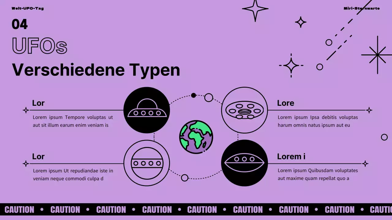 Einführung in den Welt-UFO-Tag mit lila und grünen Akzenten auf schwarzem Hintergrund