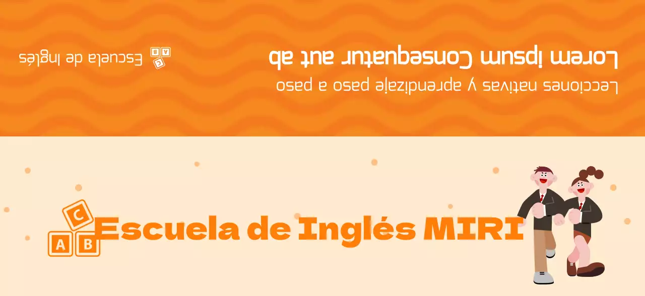 Promociona una academia de inglés con una ilustración de alumnos con uniforme naranja.