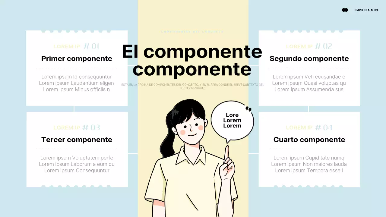 Presentación introductoria mediante un elemento humano que señala un espacio azul claro y amarillo