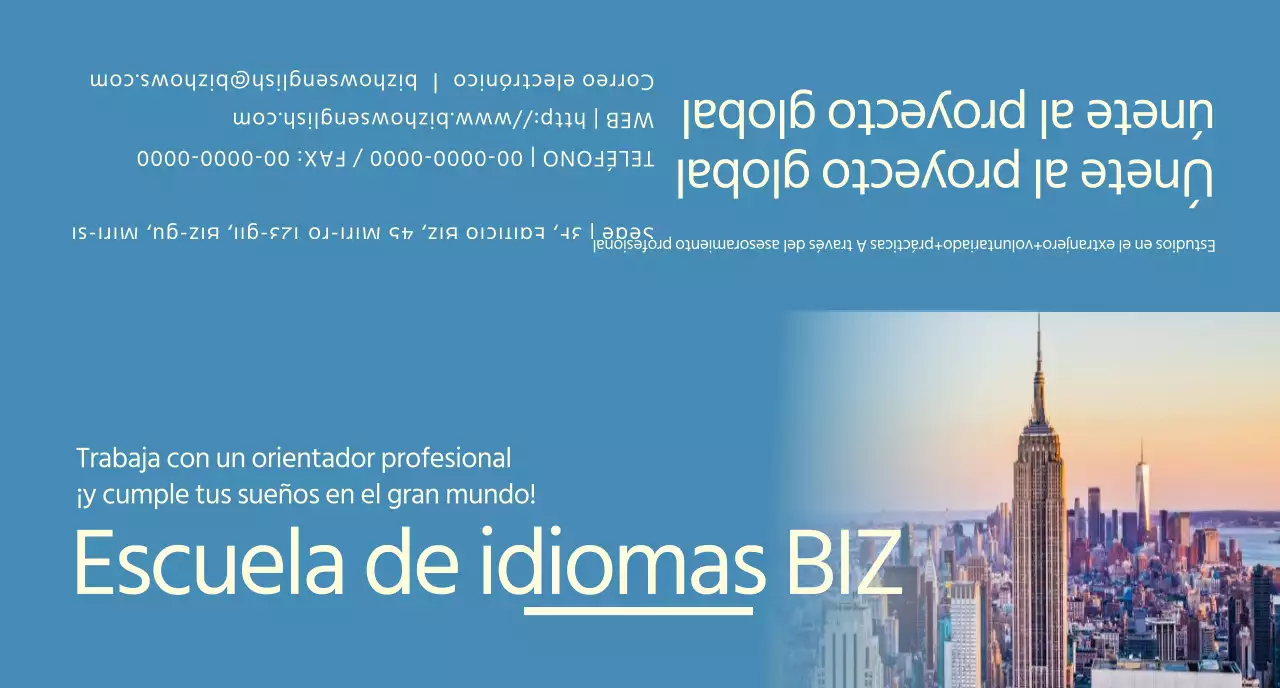 Para promocionar una escuela de idiomas con fotos azules y amarillas de paisajes extranjeros