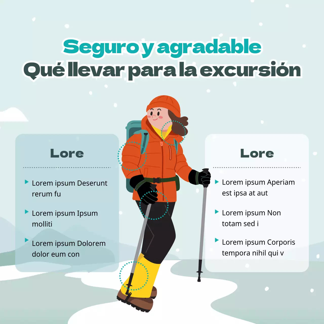 Simpáticas ilustraciones en azul claro y verde Consejos de seguridad en la montaña de invierno