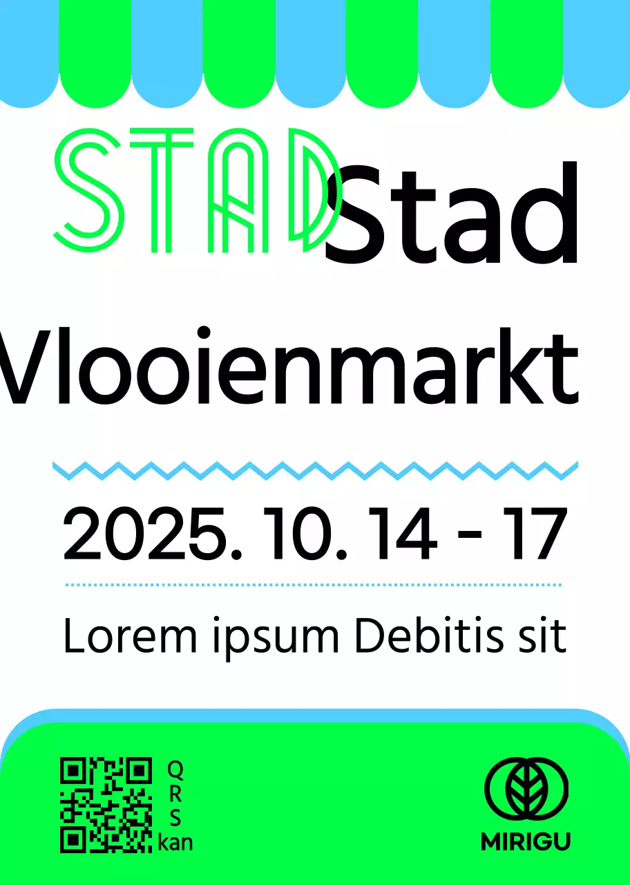 Een promotiebord met een groenzwarte vlooienmarktaankondiging en verschillende illustraties van vormen.