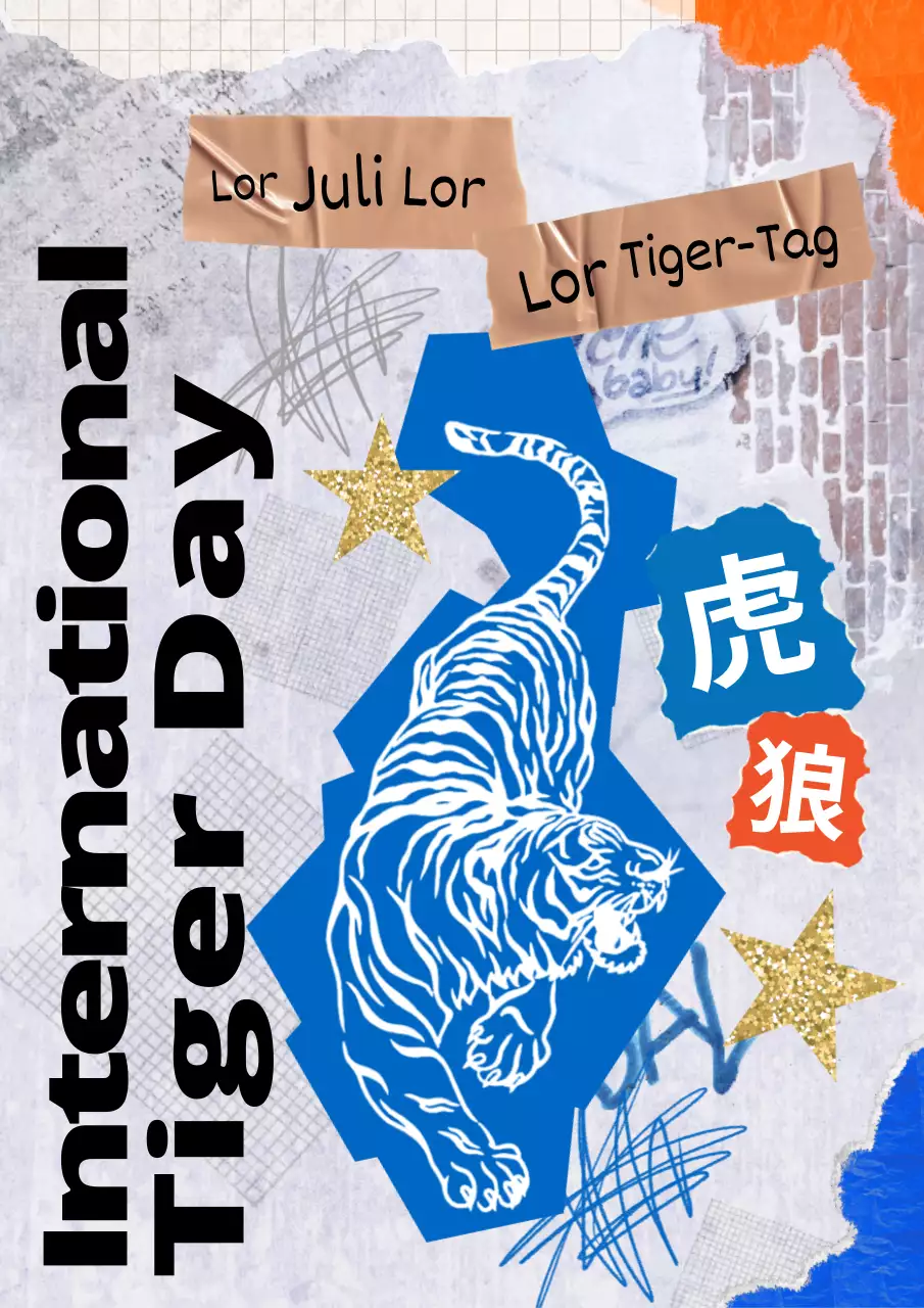 Ein blauer, von Vintage-Collagen inspirierter Look für den Tag des Tigers