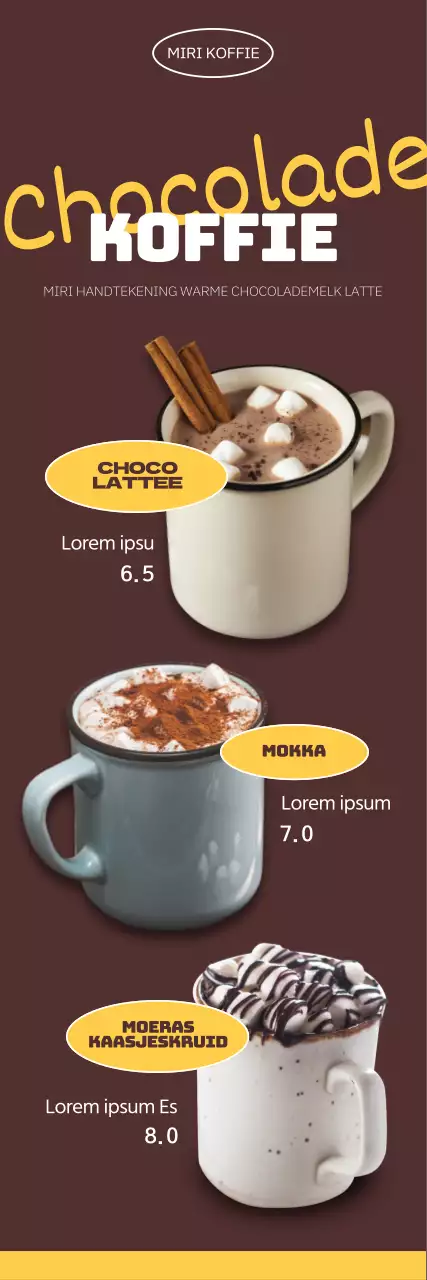 Herfstige seizoensdrankkaart met een warmbruine achtergrond en foto's van chocoladedrankjes en Engels cursief.