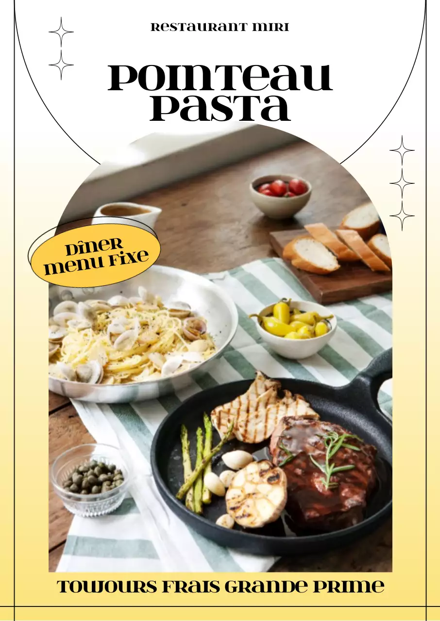 Menus stylisés très tendance avec un dégradé de couleurs jaune frais et des lignes et formes rythmées.