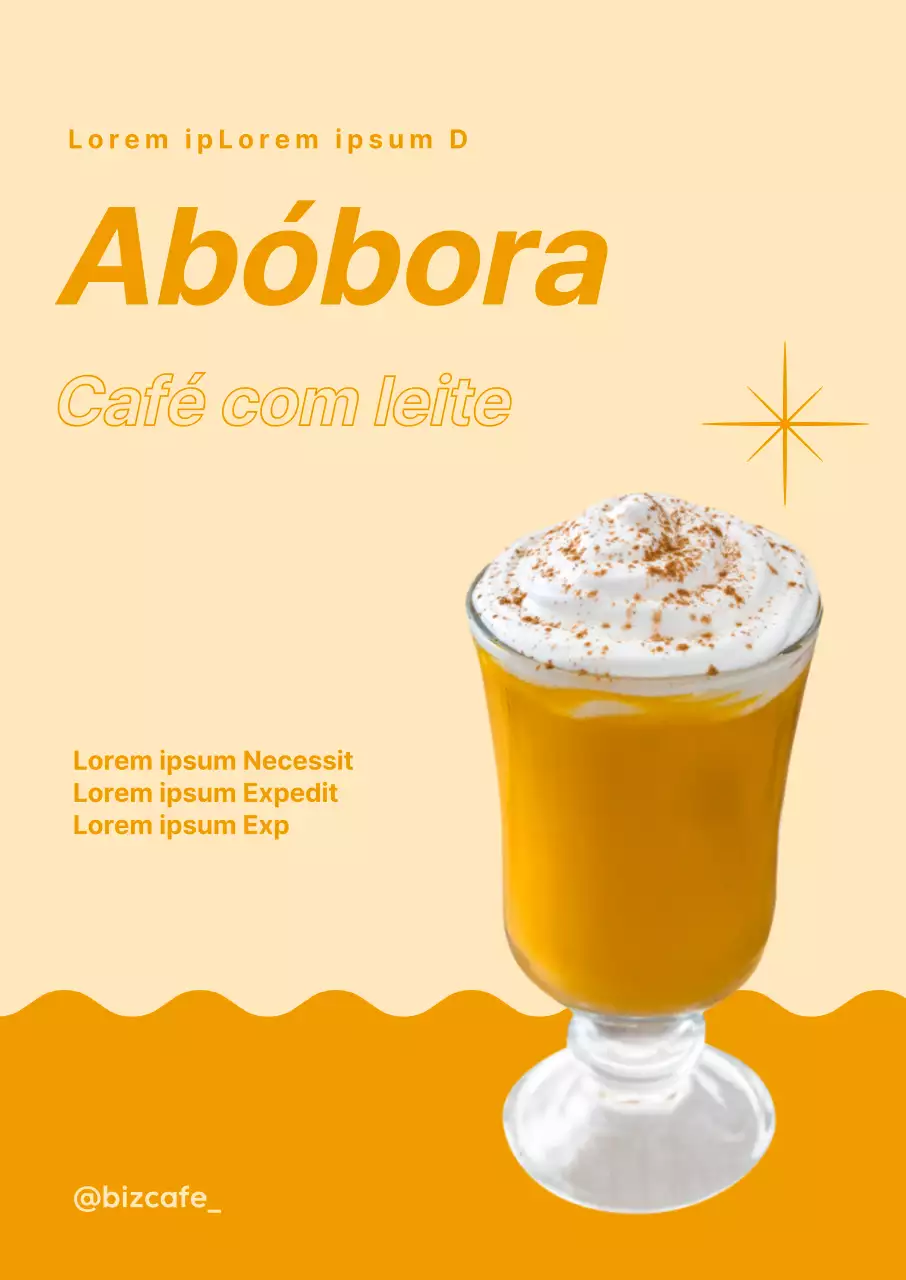 Cartaz de café com leite com uma fotografia da bebida e um tipo de letra em itálico sobre um fundo ondulado