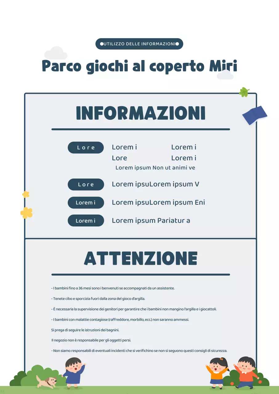 Stile illustrativo carino in blu navy e verde Informazioni sui campi da gioco al coperto
