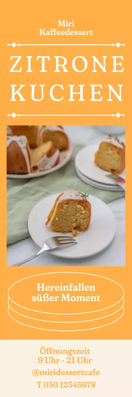 Ein Banner mit einem Foto eines Kuchens auf gelbem Hintergrund und einem Titel mit einer Linie durch ihn