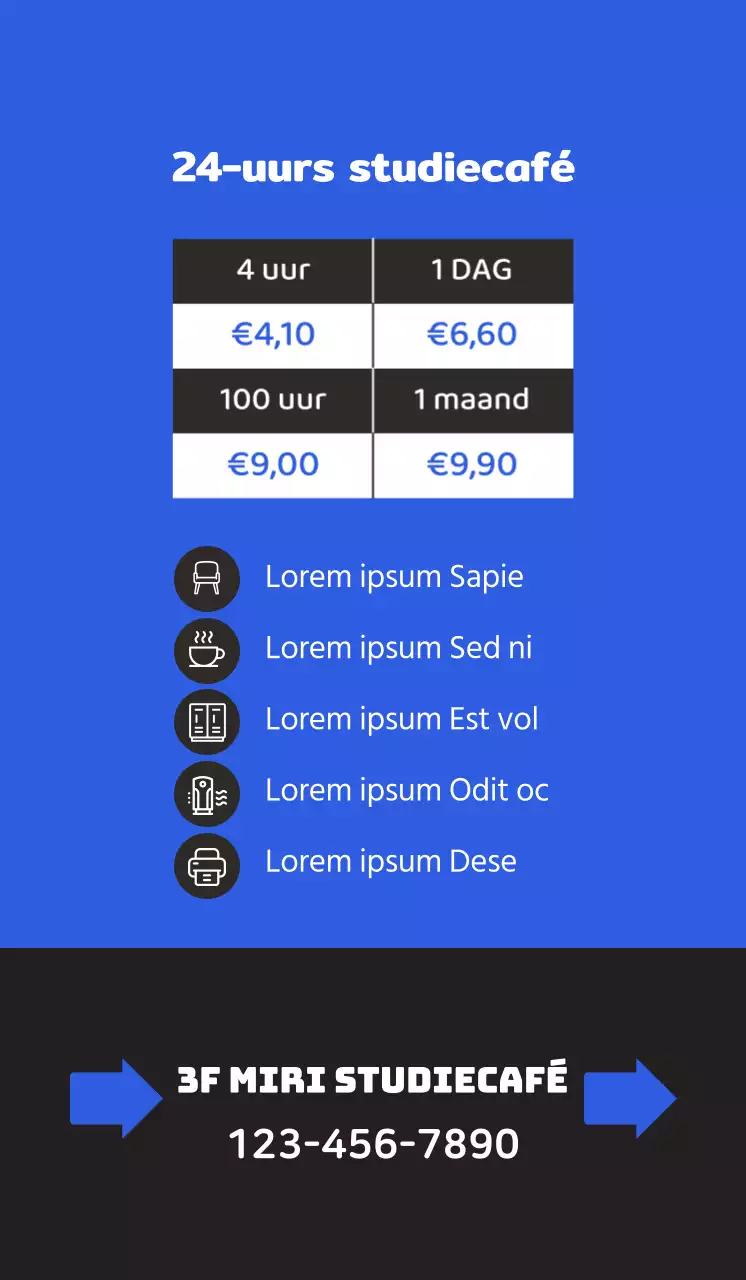 Promoot een schoon studiecafé met een illustratie van een studerende student op een blauwe achtergrond