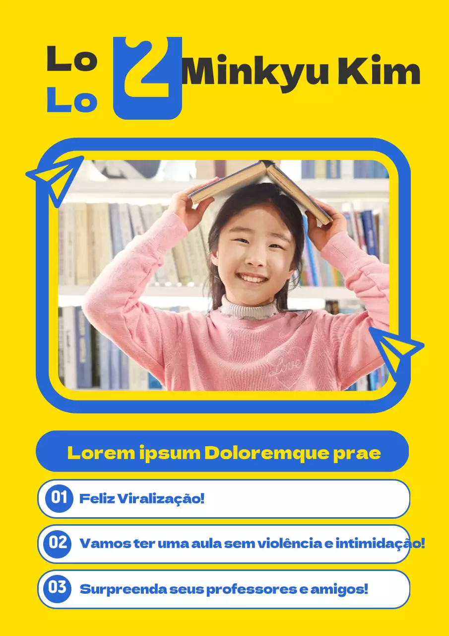 Guia simples do candidato a presidente de turma com fotografias amarelas e azuis e ilustração de um avião de papel