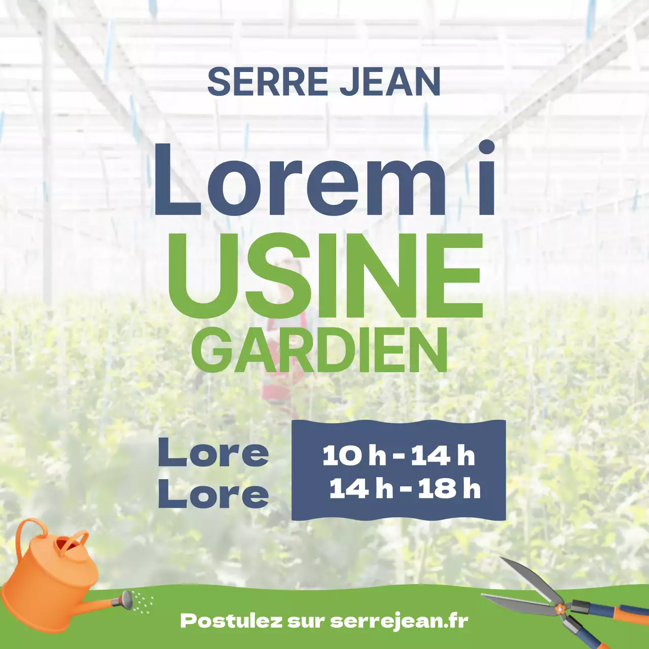 Une offre d'emploi propre avec un arrière-plan de jardin et un texte bleu marine clair V2