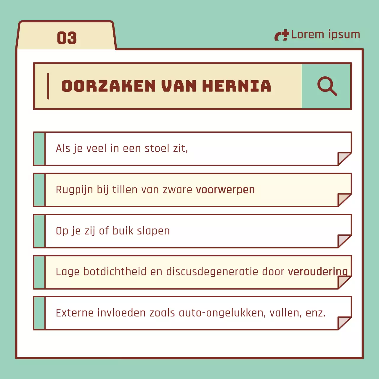 Lumbale discus informatie met mint en beige zoekbalk elementen