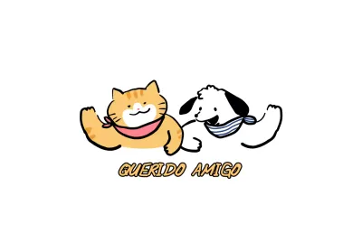 Diseño con ilustraciones lineales de simpáticos gatos y perros saludando en distintos colores