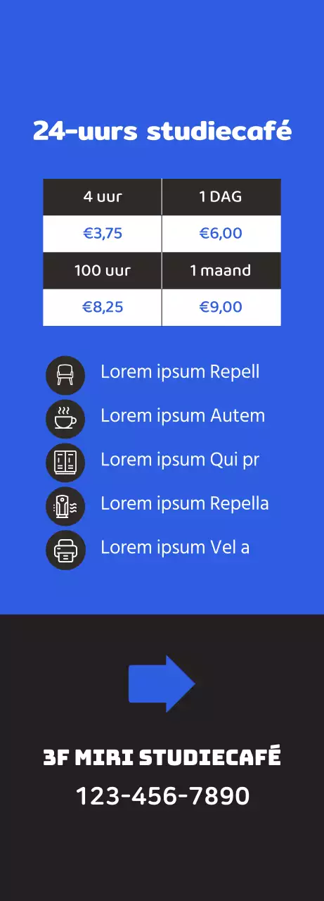 Promoot een schoon studiecafé met een illustratie van een studerende student op een blauwe achtergrond