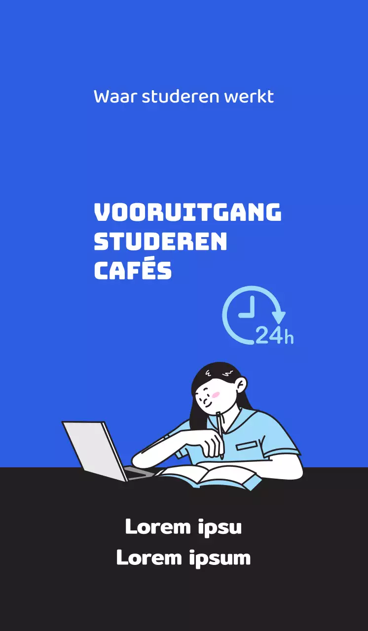 Promoot een schoon studiecafé met een illustratie van een studerende student op een blauwe achtergrond