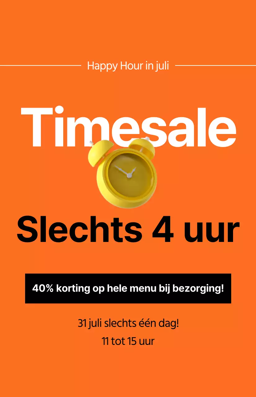 Een pittige tijd verkoop promotie met een afbeelding van een wekker op een oranje achtergrond