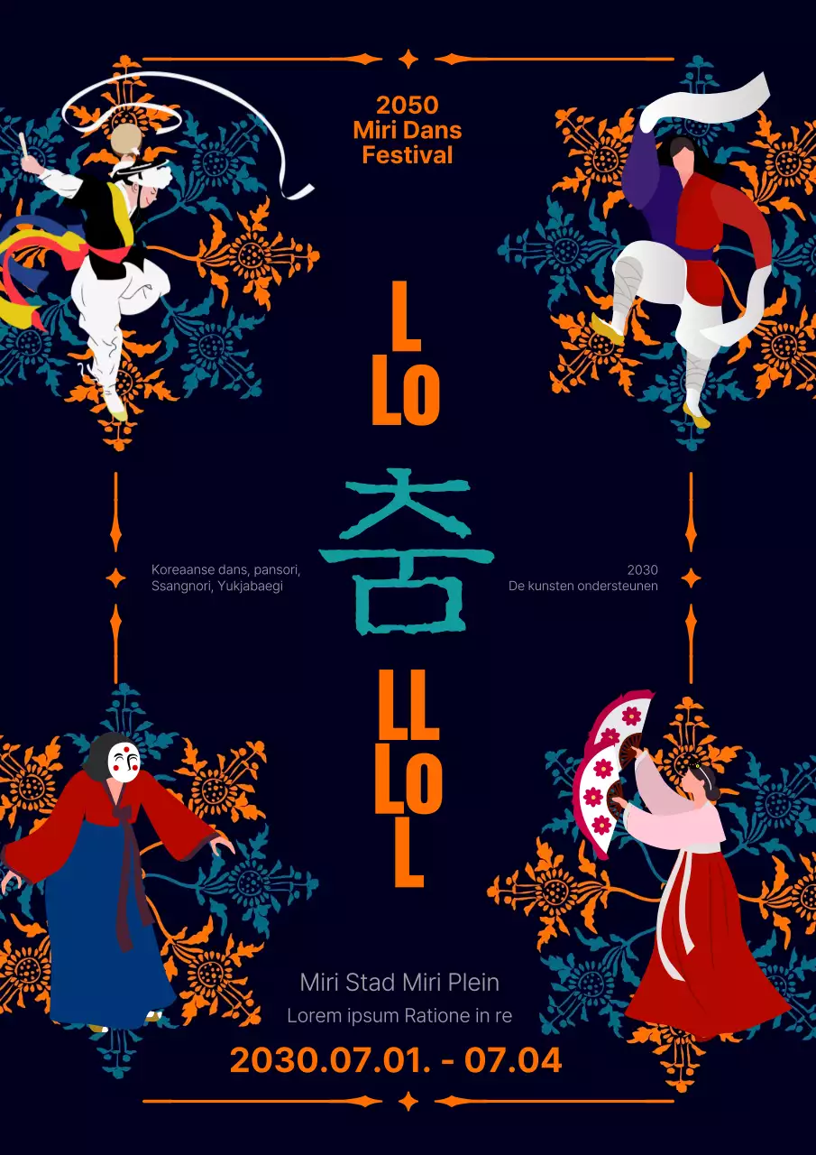 Mint oranje illustratie ter promotie van een traditioneel dansfestival