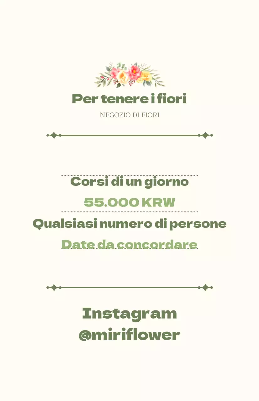 Promuovere un corso di un giorno con testo verde e avorio e illustrazioni floreali.