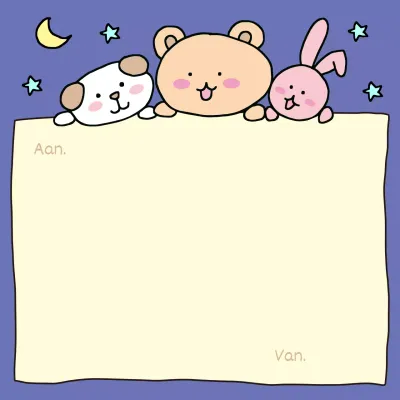 Een paarse en gele teddybeer en puppy konijn op een quilt, als een grove groene krabbel.