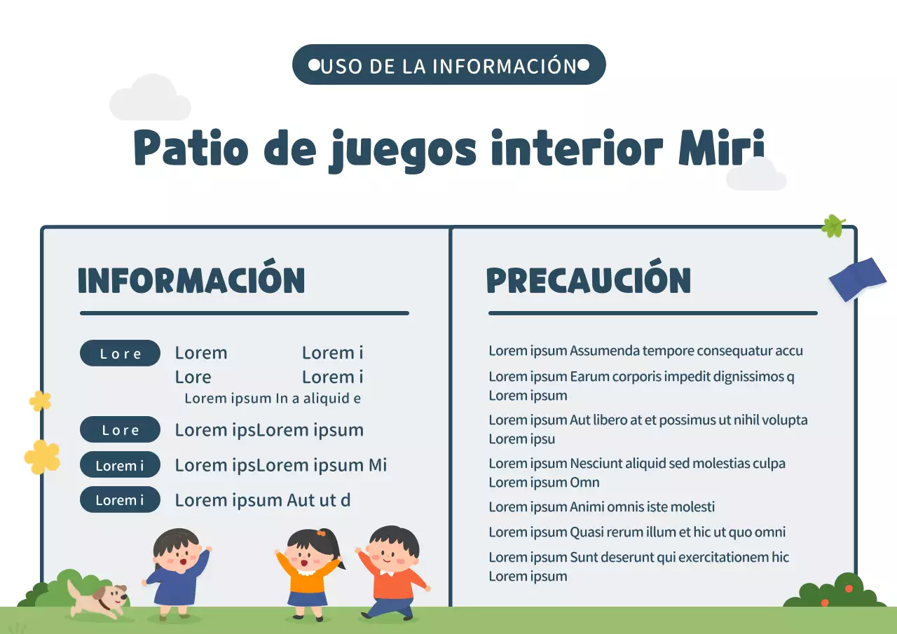 Lindo estilo de ilustración en azul marino y verde Información sobre parques infantiles de interior