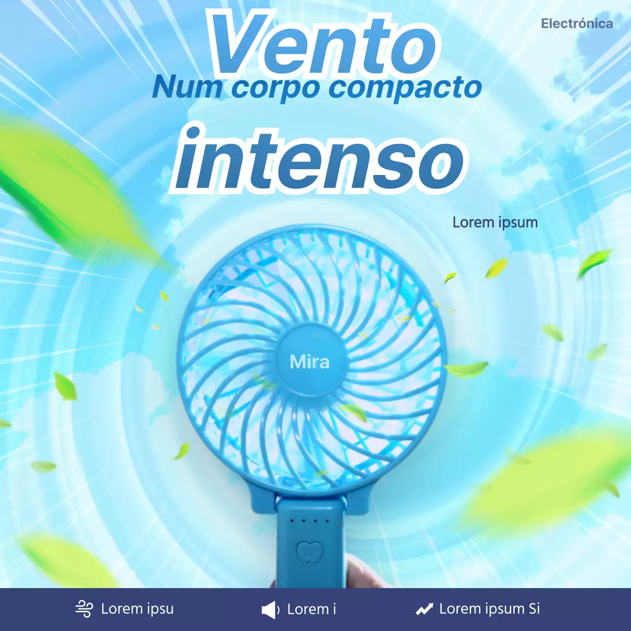Anúncio de tufão em tons de azul para uma ventoinha de mão com ventos fortes