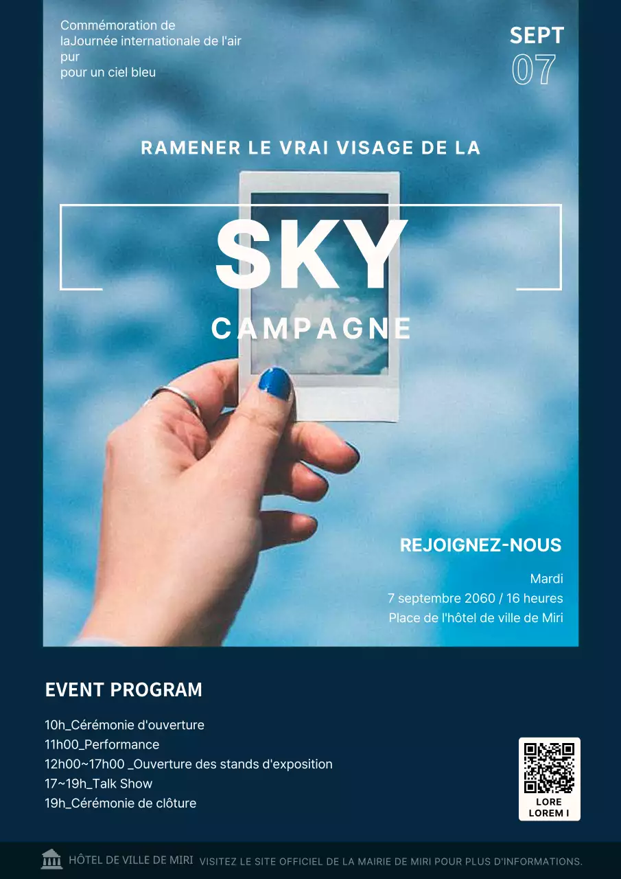 Concept minimaliste de promotion d'un événement environnemental avec une photo sur fond bleu marine