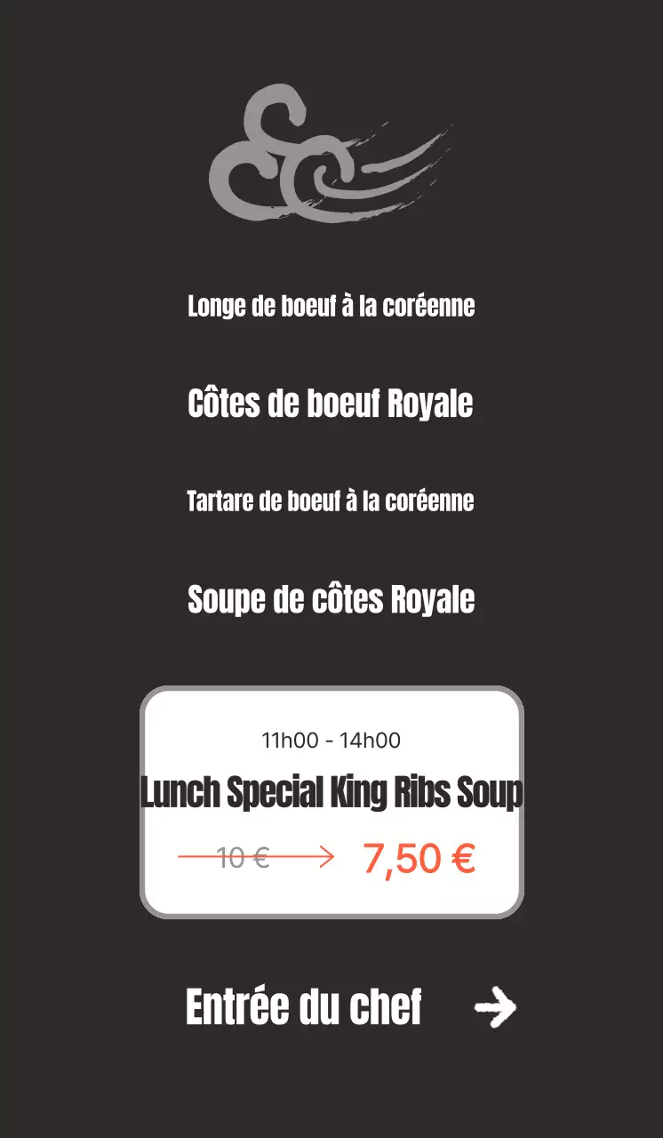 Promouvoir un restaurant propre, d'inspiration coréenne, avec des images de bœuf coréen sur fond noir.