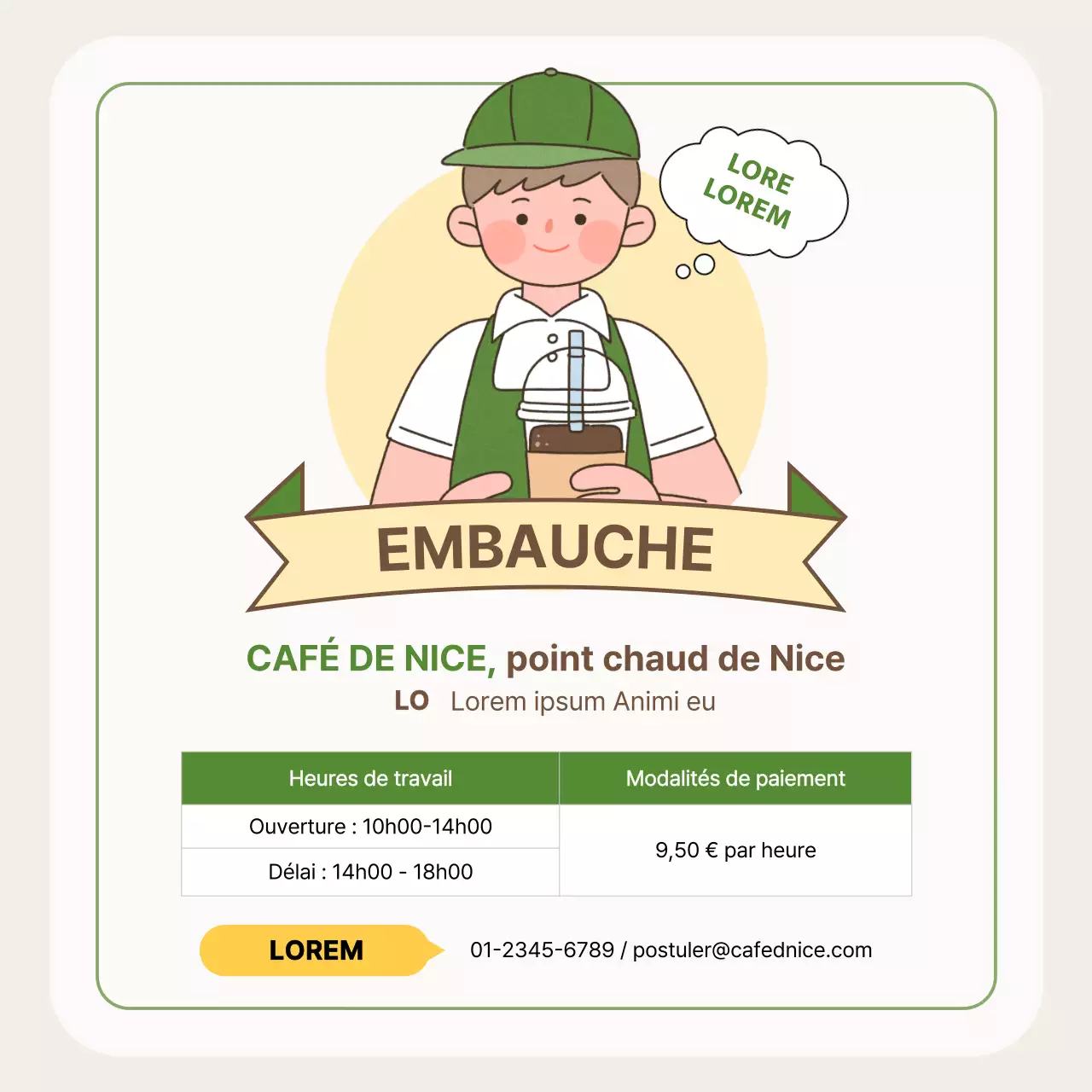 Annonce de recrutement de personnel de café avec de jolies illustrations en beige et vert V2