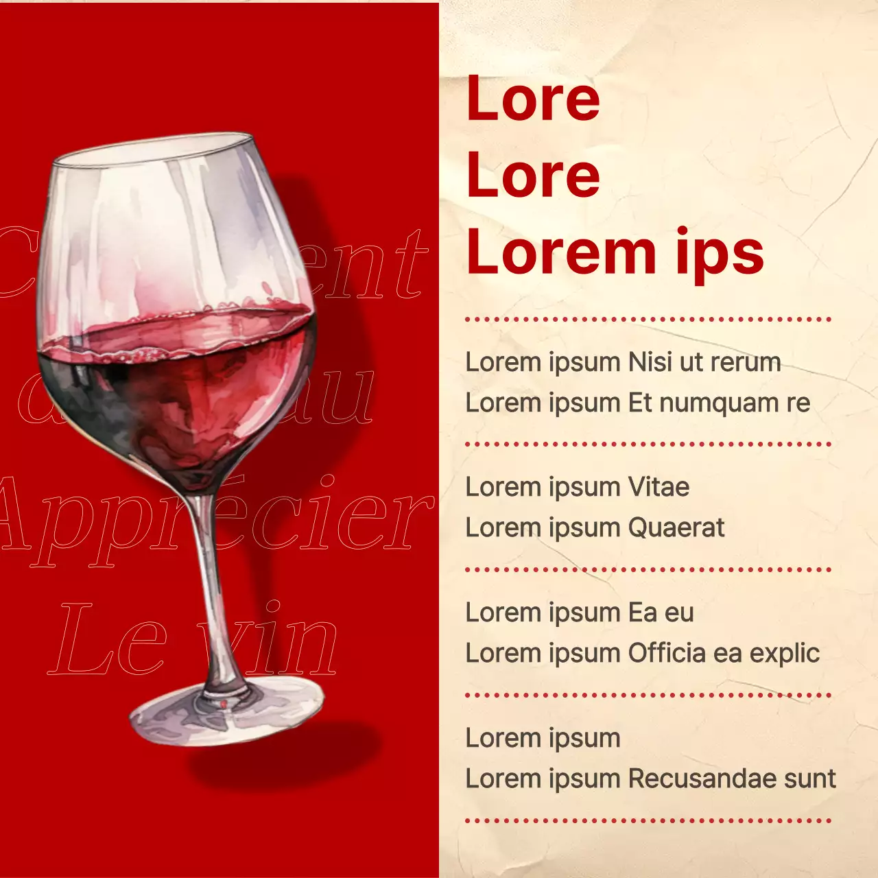 Poste d'appariement des vins vintage avec des accents rouges et kaki