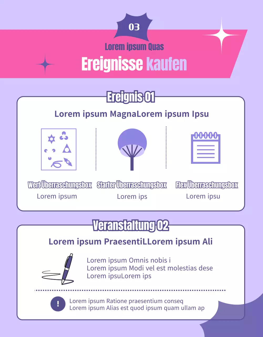 Ziehe zufällige Ereignisse, die rosa und lila runde Kugeln hervorheben