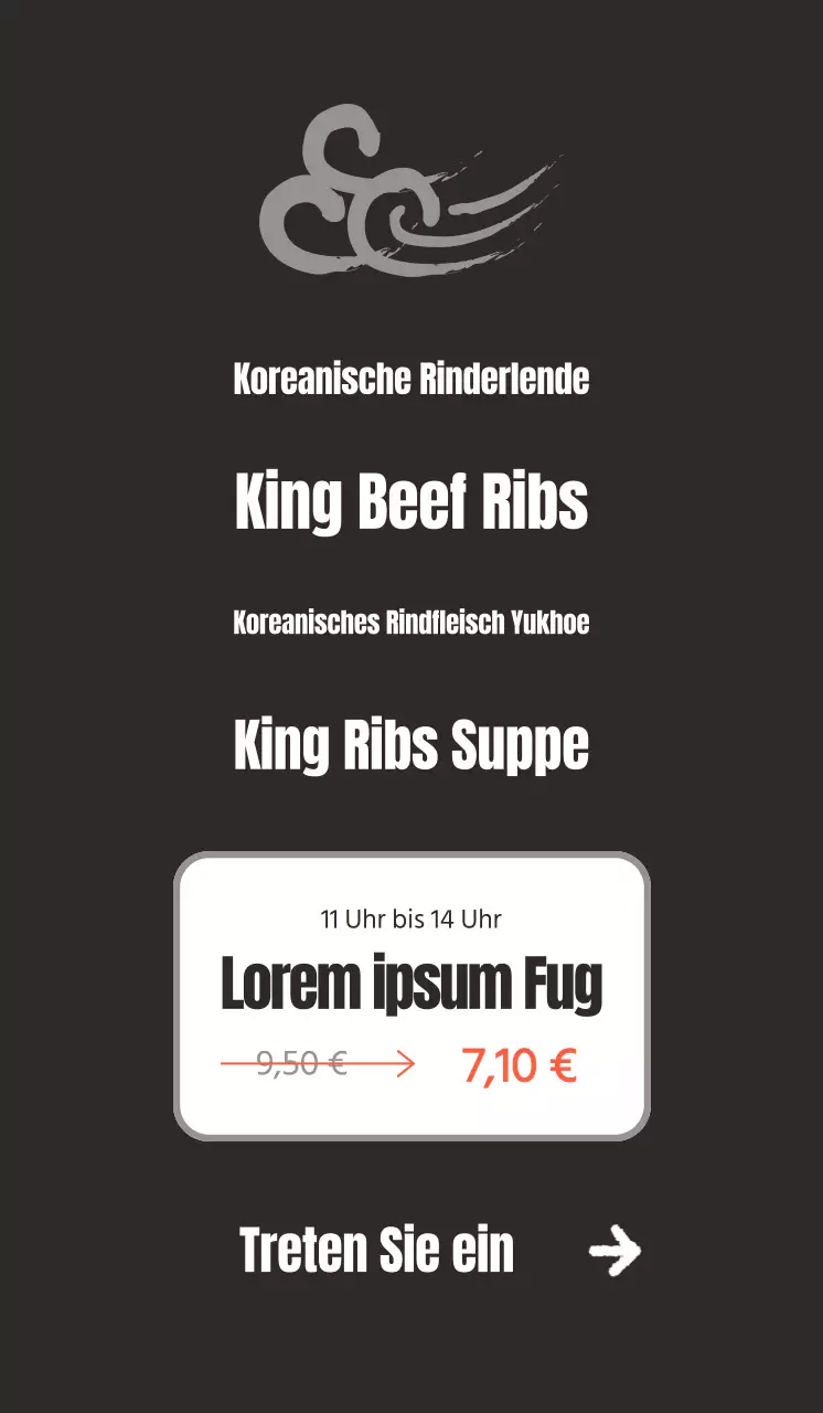 Werbung für ein sauberes, koreanisch inspiriertes Restaurant mit Bildern von koreanischem Rindfleisch auf schwarzem Hintergrund