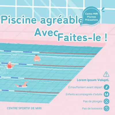 Conseils de sécurité pour la piscine avec illustration d'une piscine à l'eau bleu clair et aux carreaux roses
