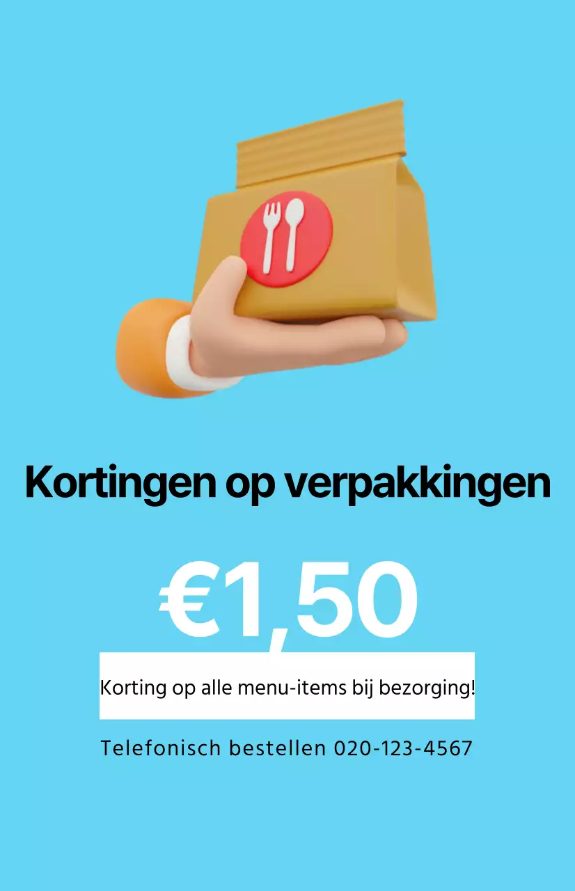 Een strakke kortingsactie met een take-away afbeelding op een lichtblauwe achtergrond