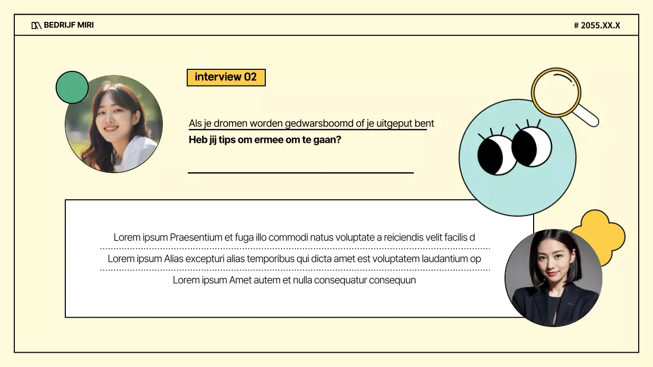 Een kitscherig zakelijk interview in paars en geel