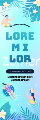 Een zomerse vakantieaccommodatie met een frisse oceaanachtergrond met kleurverloop, palmbomen en zwemillustraties.