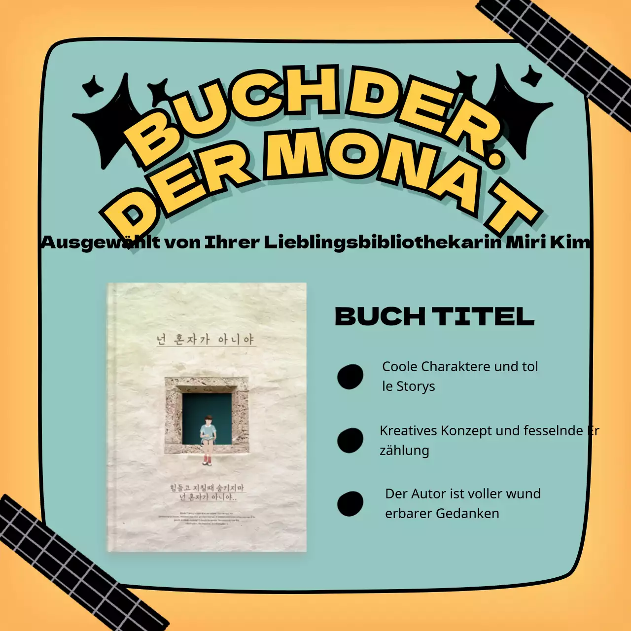 Förderung von Kinderbuchempfehlungen mit einem gelben und türkisfarbenen handgeschriebenen Text-Highlight-Thema V1