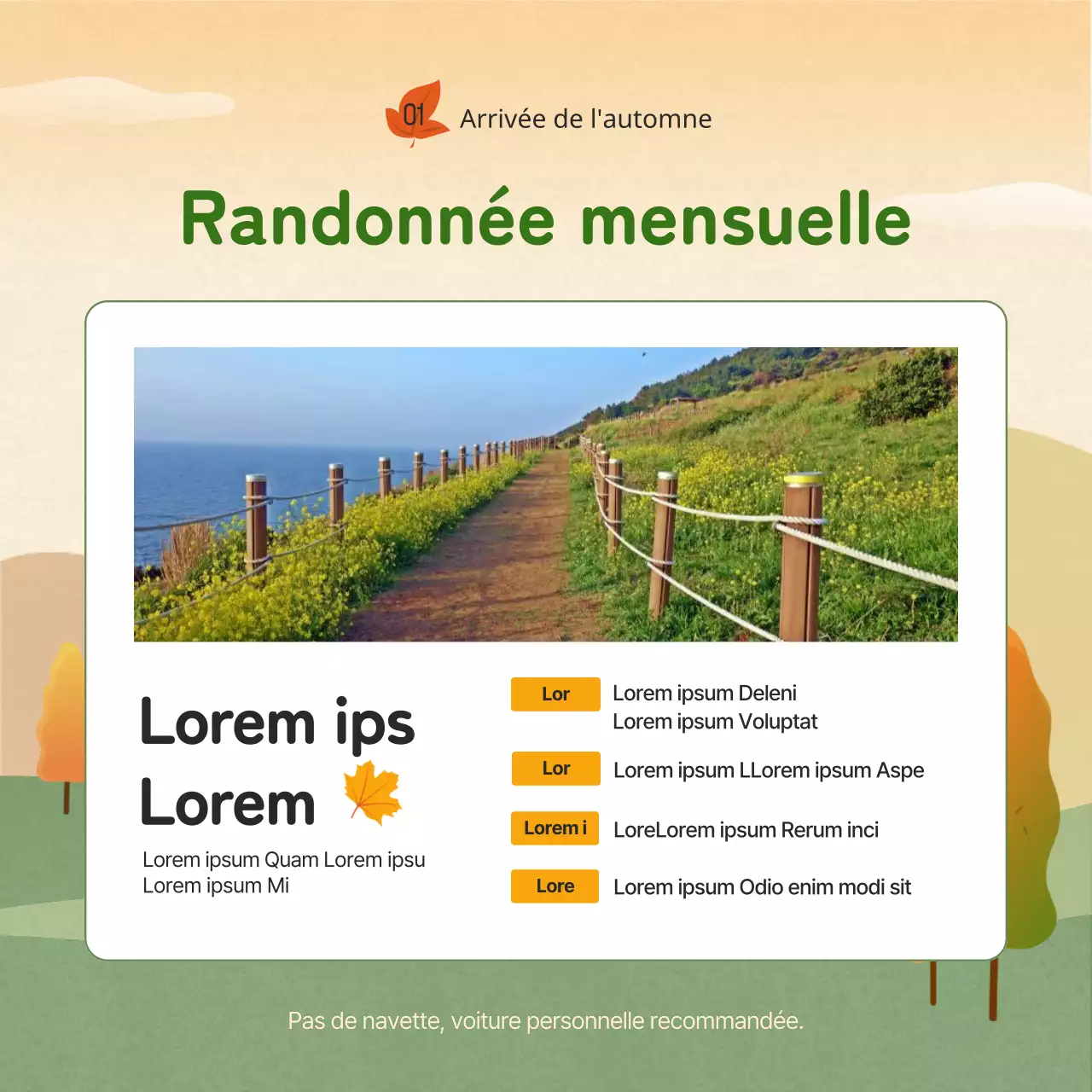 Guide du défi de randonnée d'automne jaune, orange et vert