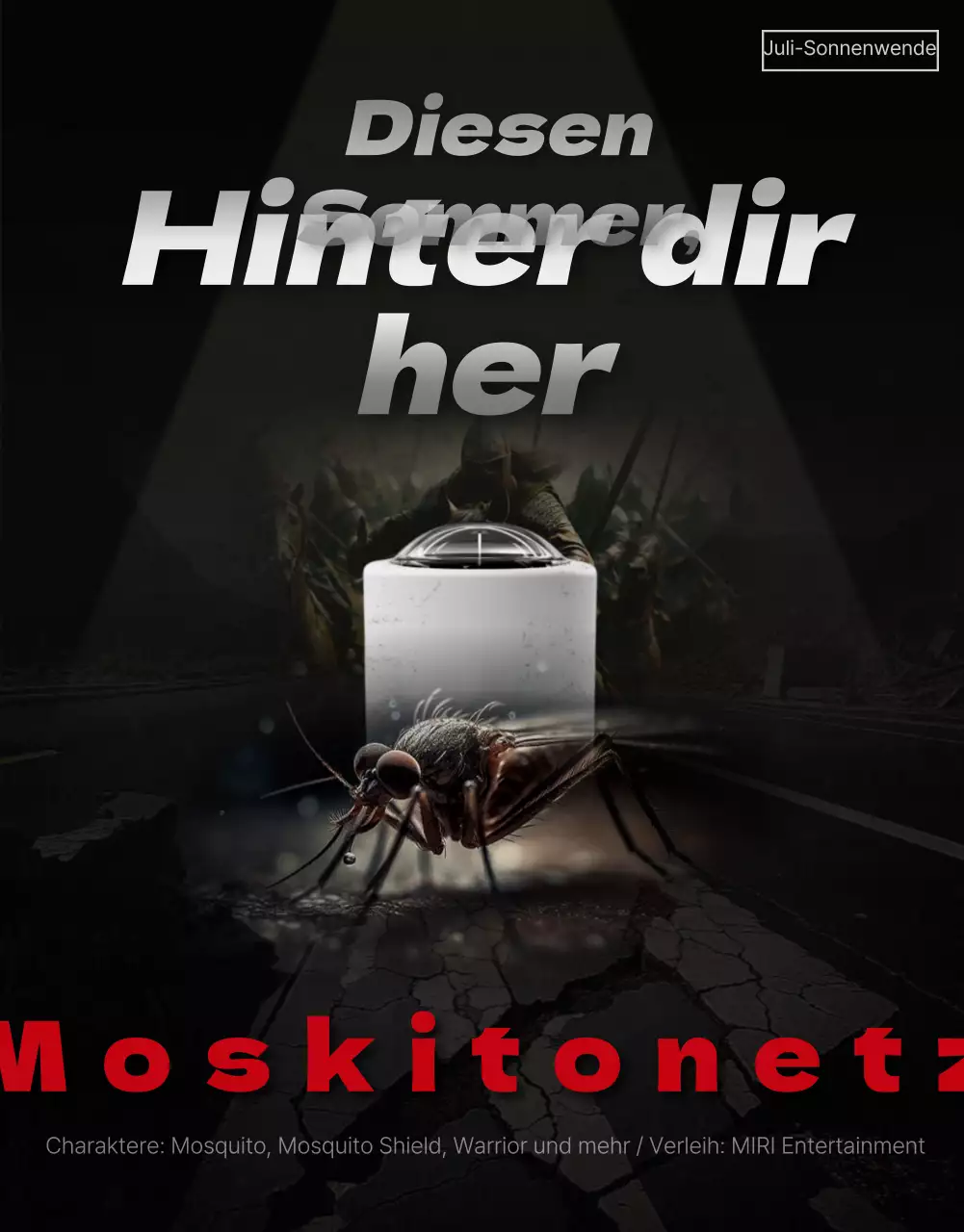 Bewerben Sie ein Mückenschutzmittel mit einem schwarz-roten Katastrophenfilmposter.