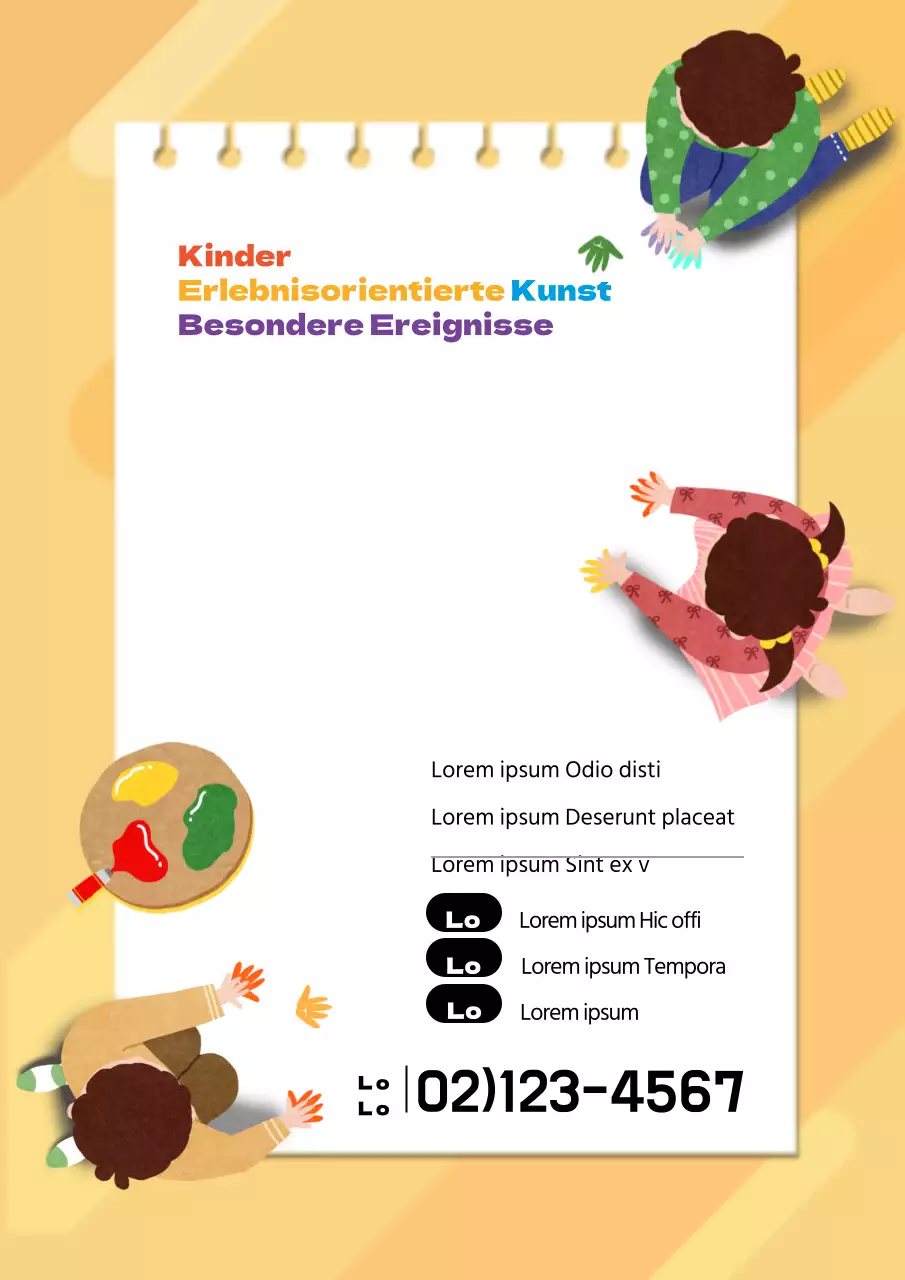 Ein süßer gelber Flyer, der für einen praktischen Kunstkurs für Kinder wirbt