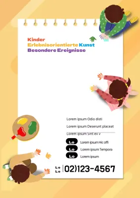 Ein süßer gelber Flyer, der für einen praktischen Kunstkurs für Kinder wirbt
